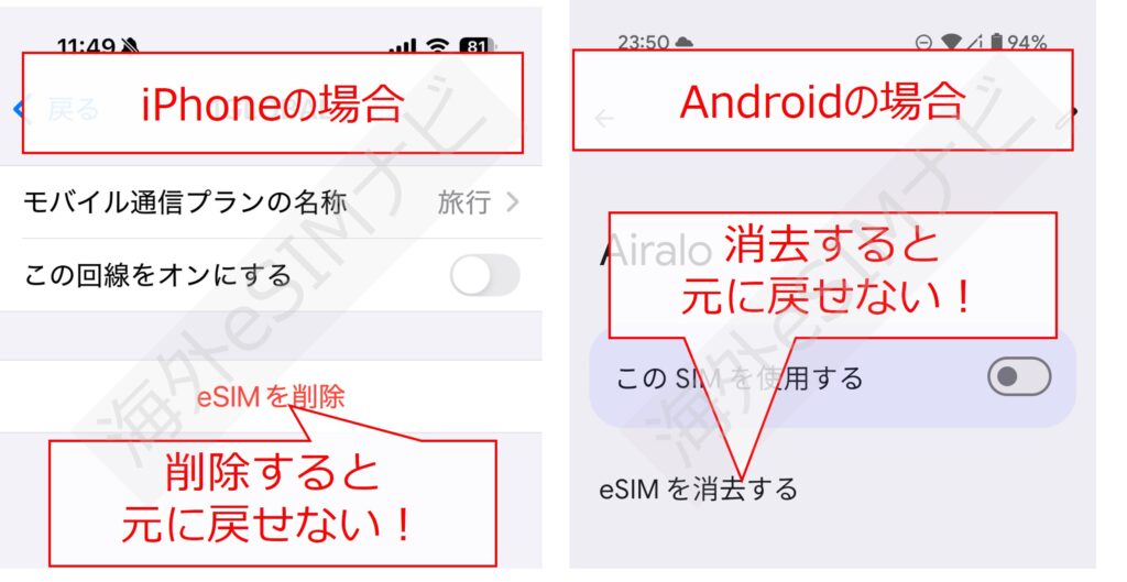 eSIMを消去すると元に戻せない